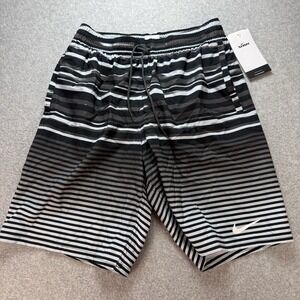 Nike Men's 9" Black Multi Faded‎ Stripe Breaker Swim Trunks Small